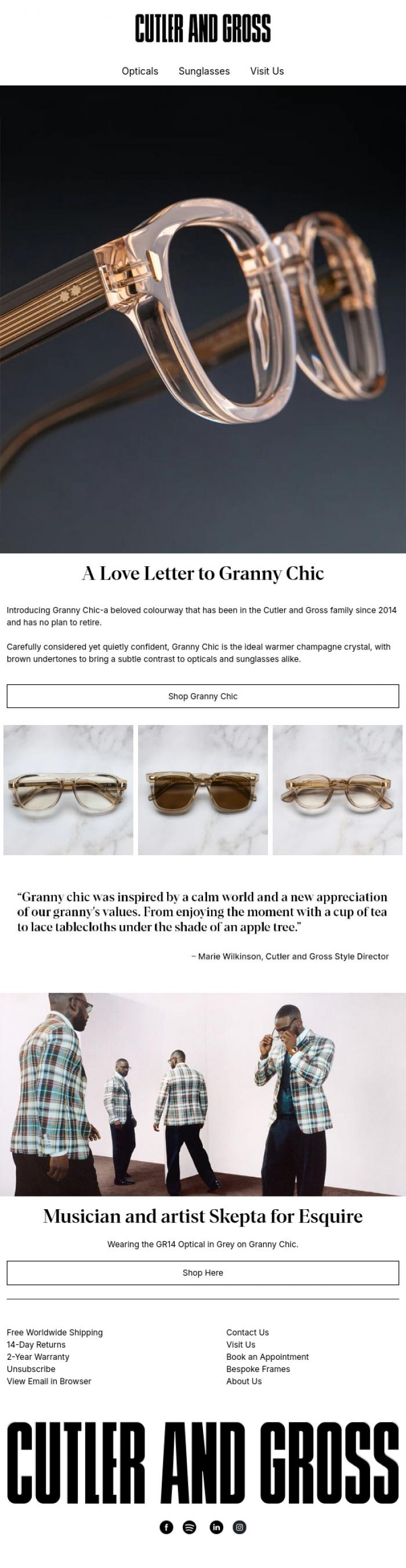 Email Design Inspiration from Cutler and Gross, Granny Chic Eyewear