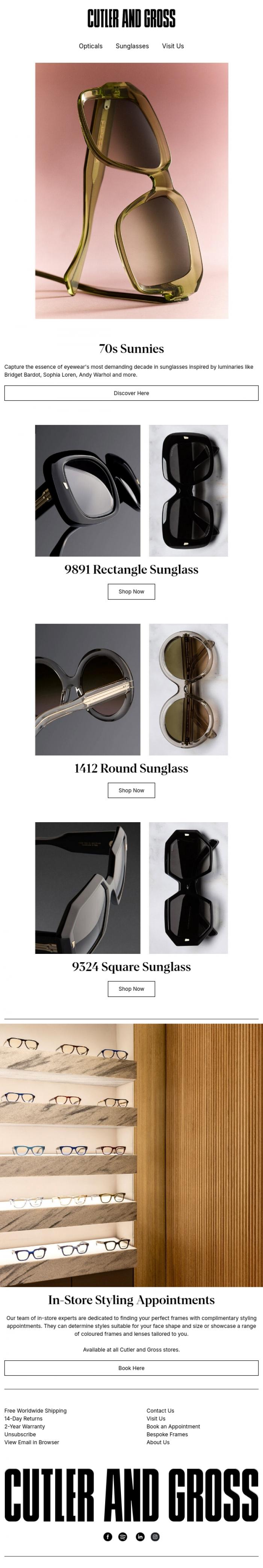 Email Design Inspiration from Cutler and Gross, 70s Sunnies