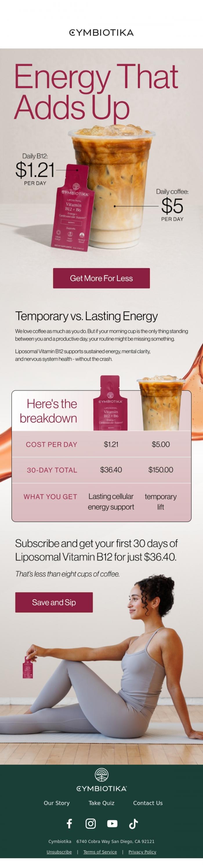 Email Design Inspiration from Cymbiotika, Girl math: real energy only costs $1.21 a day