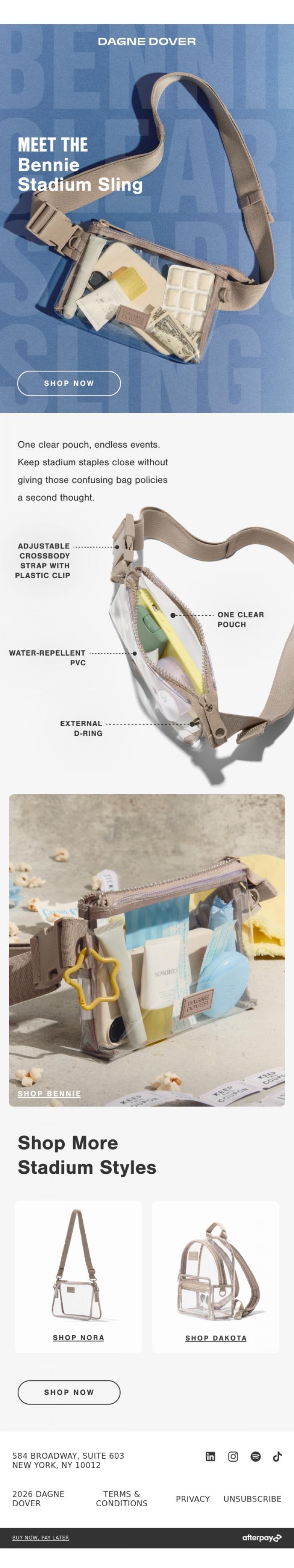 Email Design Inspiration from DAGNE DOVER, STADIUM SLING IS RESTOCKED.