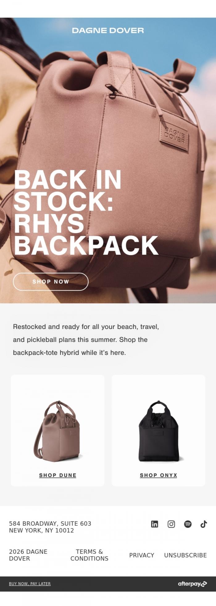 Email Design Inspiration from DAGNE DOVER, BACK IN STOCK: RHYS BACKPACK.