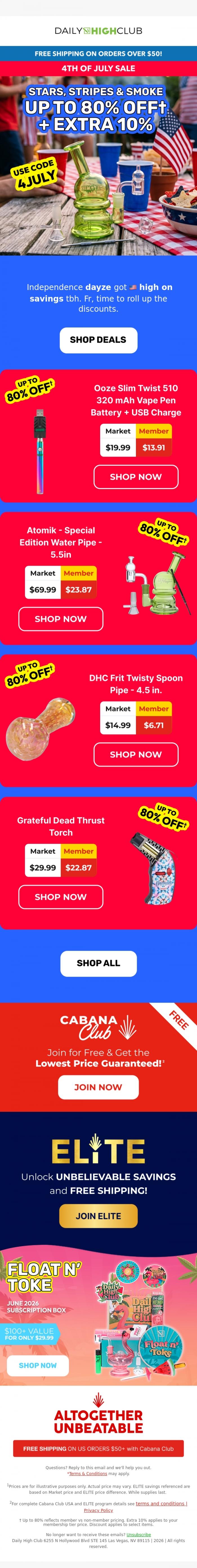 Email Design Inspiration from Daily High Club, let freedom rip: our sale is LIVE 🇺🇸🎆
