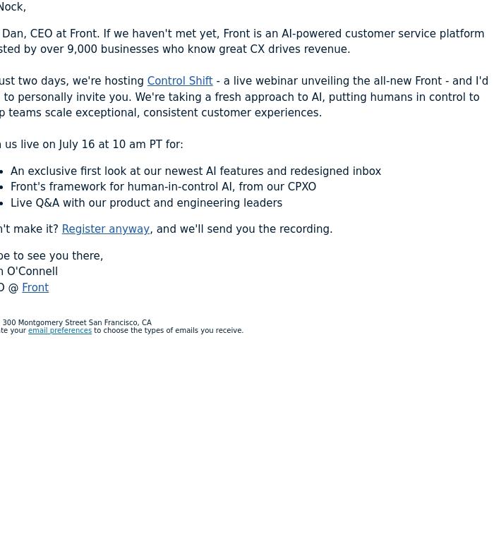 Email Design Inspiration from Dan O'Connell, Front, Two days to go: don't miss Control Shift