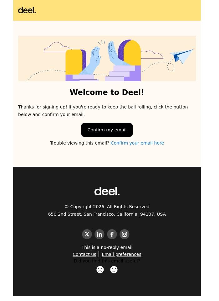 Email Design Inspiration from Deel, Welcome to Deel! Let's get going.