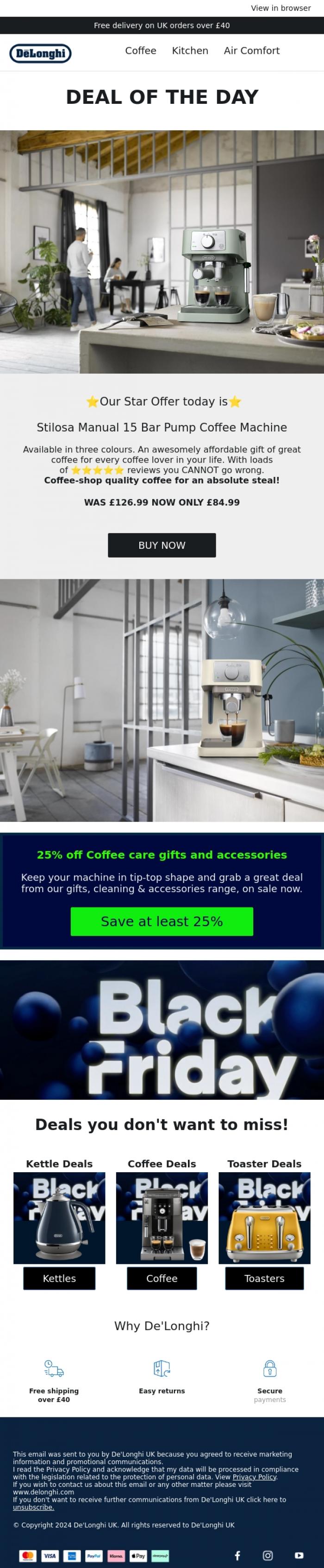 Email Design Inspiration from De'Longhi, Deal of the Day🛒 De'Longhi Black Friday - Saturday 30 November 🛒