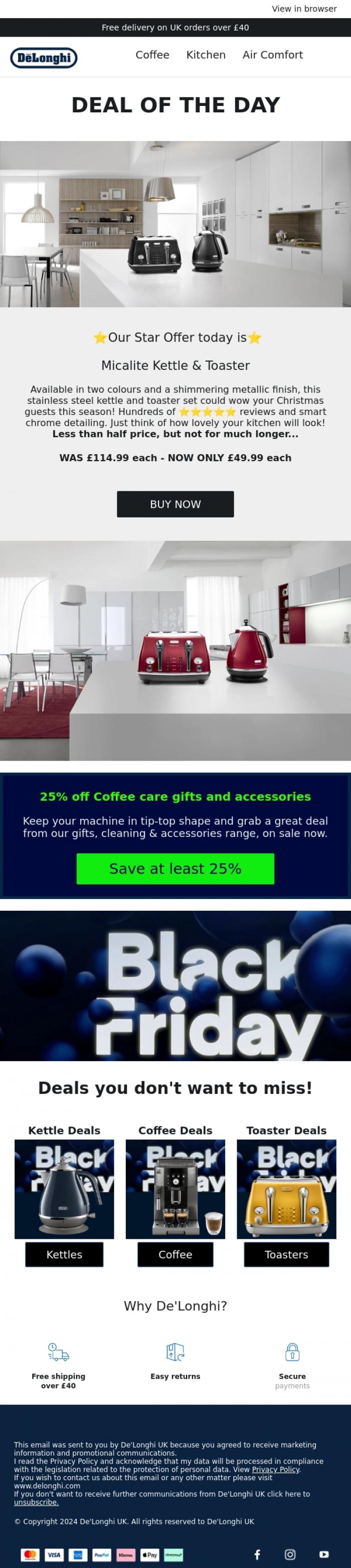 Email Design Inspiration from De'Longhi, Deal of the Day 🛒 De'Longhi Black Friday - Sunday 1 December 🛒