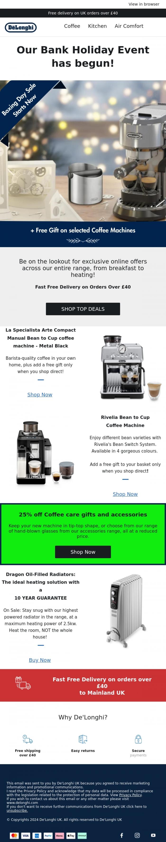Email Design Inspiration from De'Longhi, De'Longhi Bank Holiday Deals have begun!