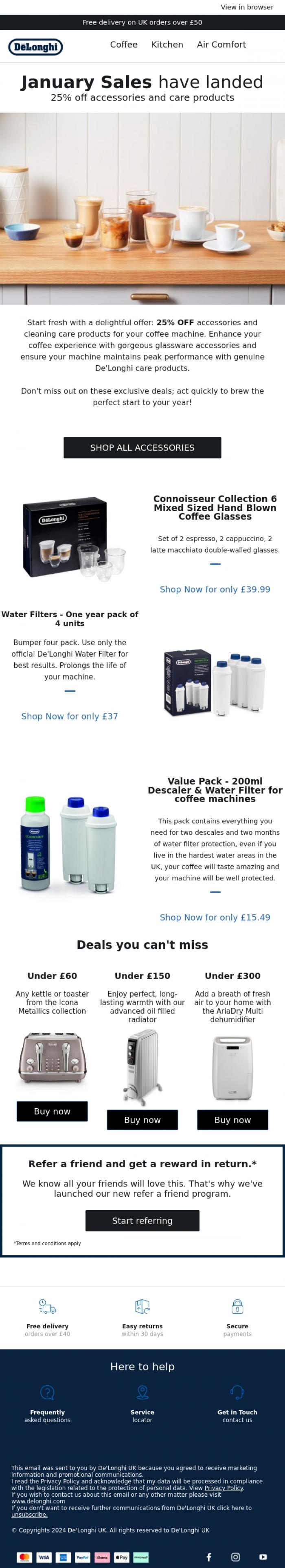 Email Design Inspiration from De'Longhi, 25% OFF coffee care and cleaning accessories!