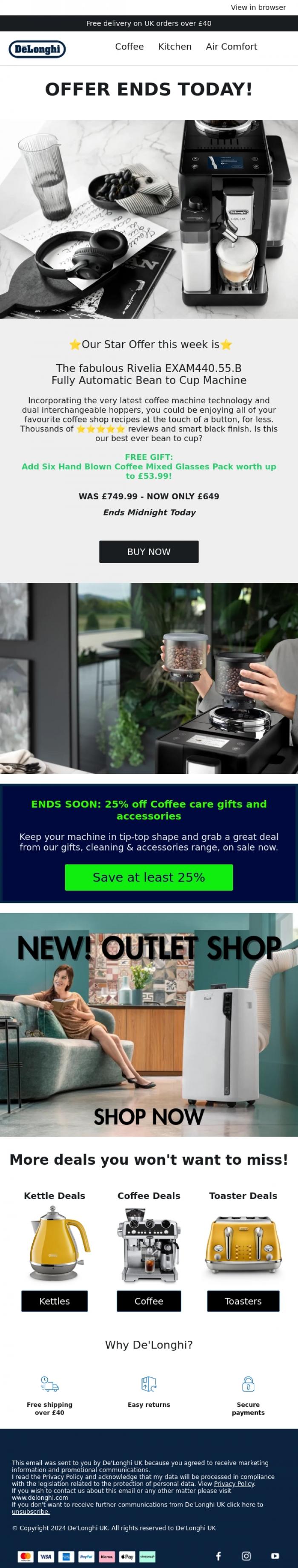 Email Design Inspiration from De'Longhi, Deal of the Week 🛒 Rivelia Deal Ends Midnight Tonight! 🛒