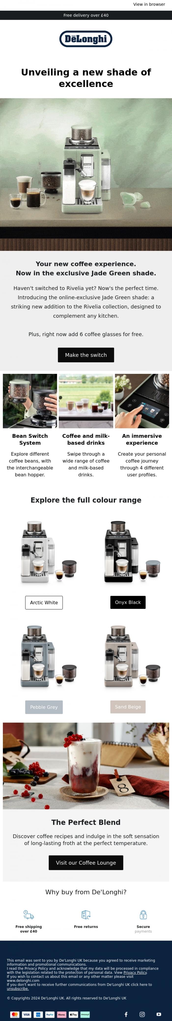 Email Design Inspiration from De'Longhi, Online only: meet the new Rivelia in Jade Green