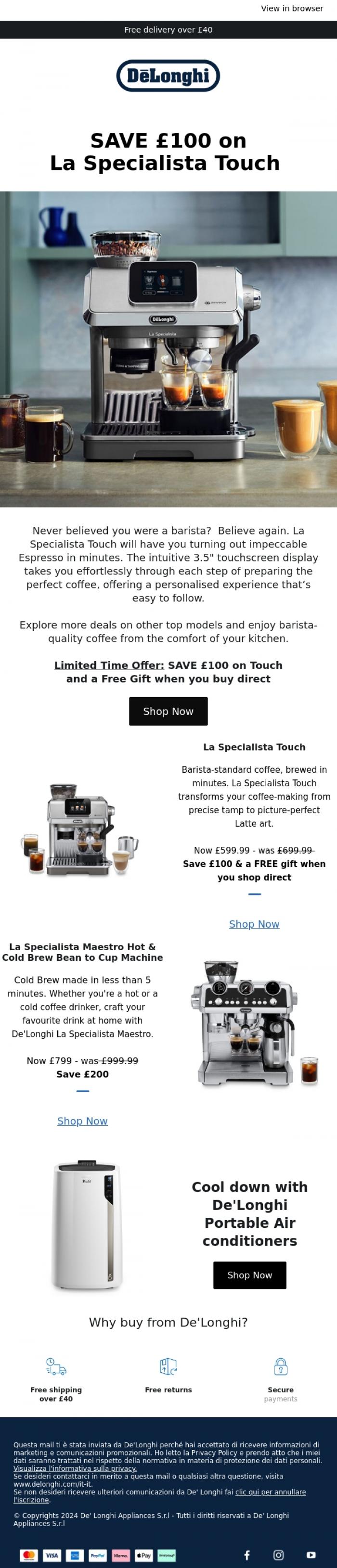 Email Design Inspiration from De'Longhi, Get &pound;100 off La Specialista Touch, on sale now!