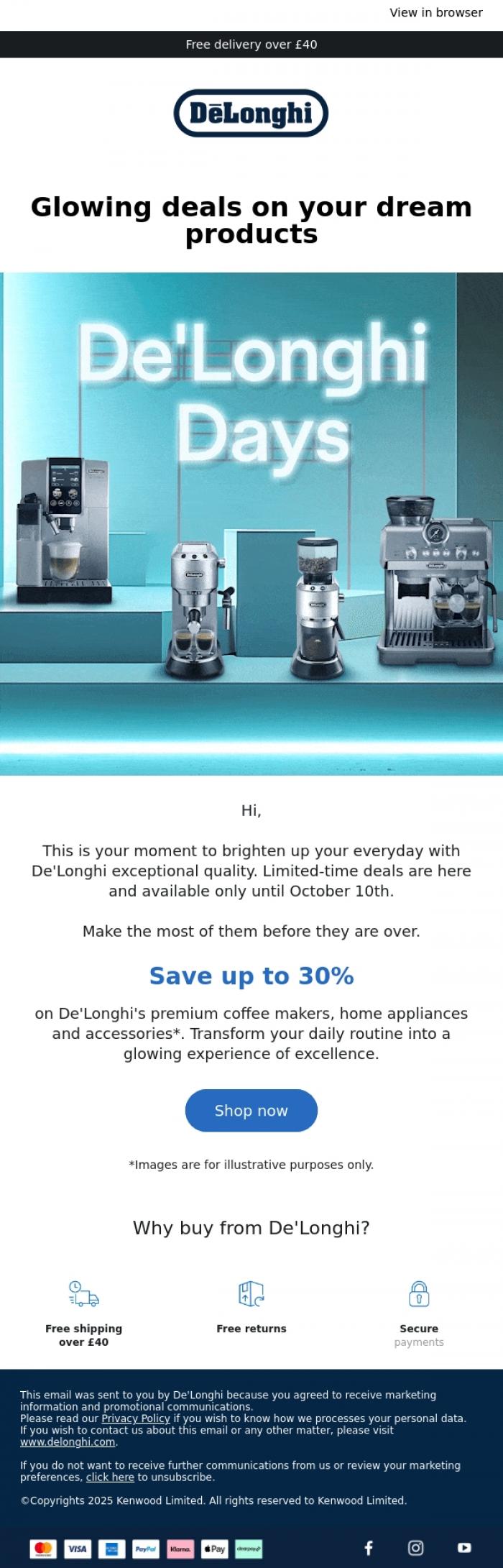 Email Design Inspiration from De'Longhi, ⚡ Limited-time sales: save up to 30% now