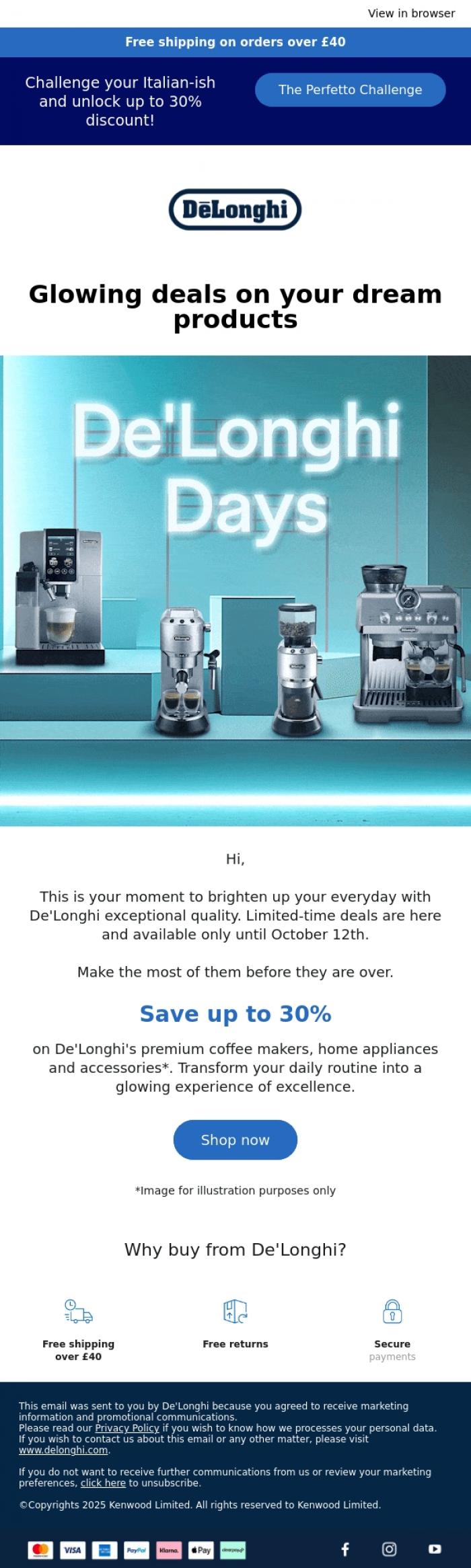 Email Design Inspiration from De'Longhi, Up to 30% off ends soon - save now