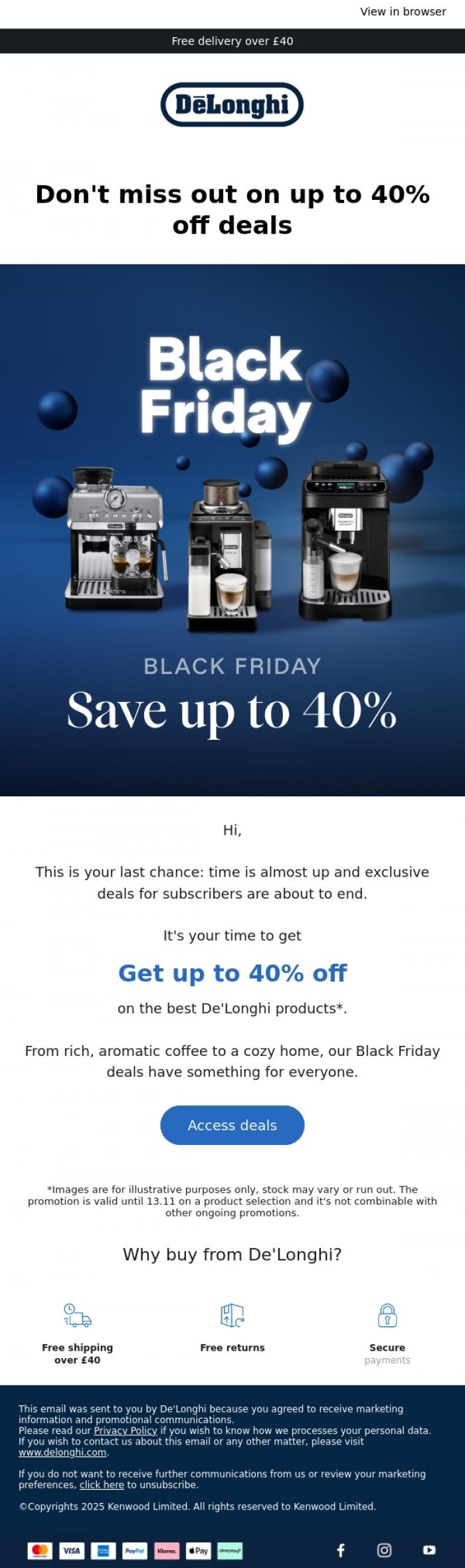 Email Design Inspiration from De'Longhi, ⏰Early Black Friday ends soon
