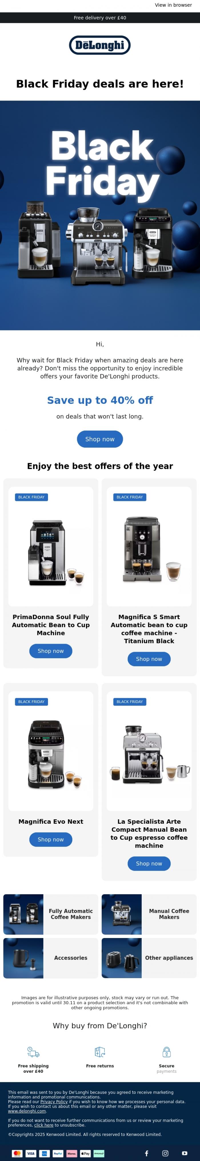 Email Design Inspiration from De'Longhi, Our Black Friday deals are here!