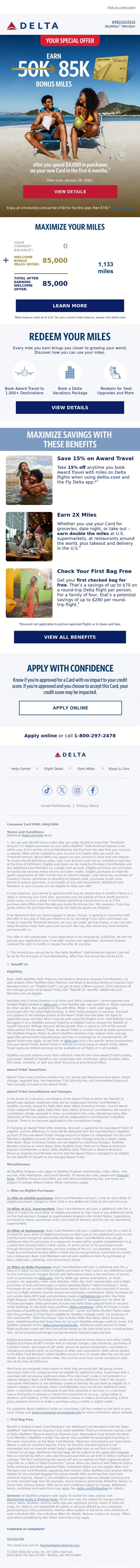 Email Design Inspiration from Delta Air Lines, Your Next Adventure Awaits. Book It With Your 85K Bonus Miles Offer