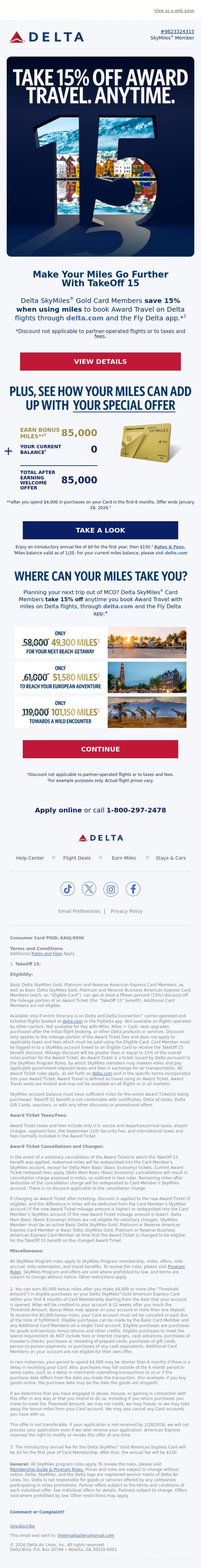 Email Design Inspiration from Delta Air Lines, Learn How You Can Save 15% When You Book Award Travel Using Miles