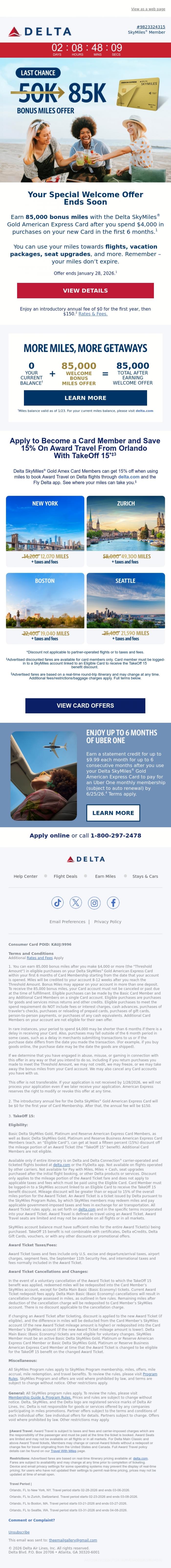 Email Design Inspiration from Delta Air Lines, The Email, Last Chance: Earn 85K Bonus Miles