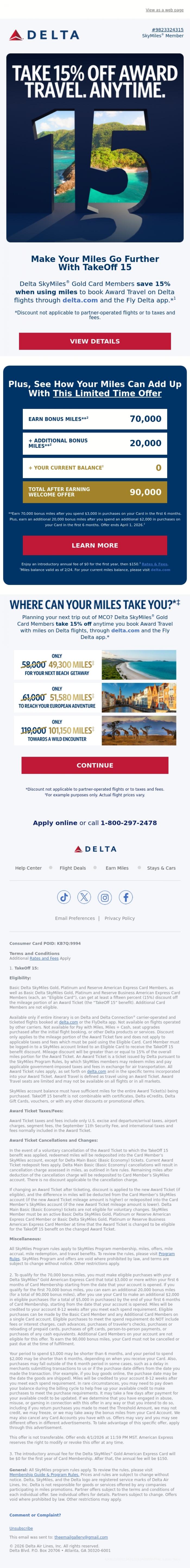 Email Design Inspiration from Delta Air Lines, Turn Your Dream Trip Into A Reality: Earn Up To 90,000 Bonus Miles