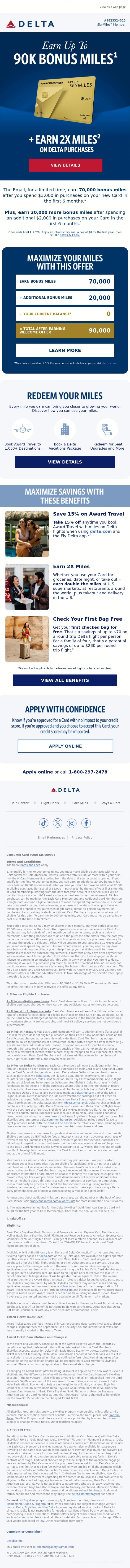 Email Design Inspiration from Delta Air Lines, For A Limited Time: Earn Up To 90K Bonus Miles With This Offer