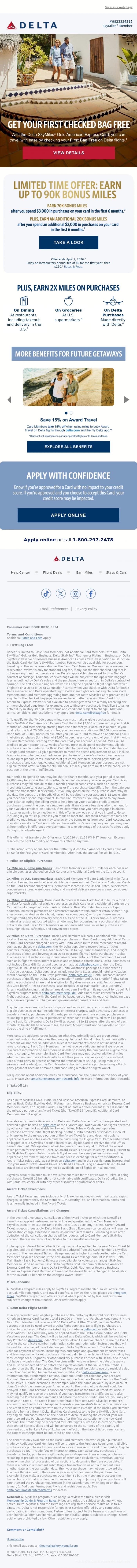 Email Design Inspiration from Delta Air Lines, The Email, Check Your First Bag Free On Delta Flights