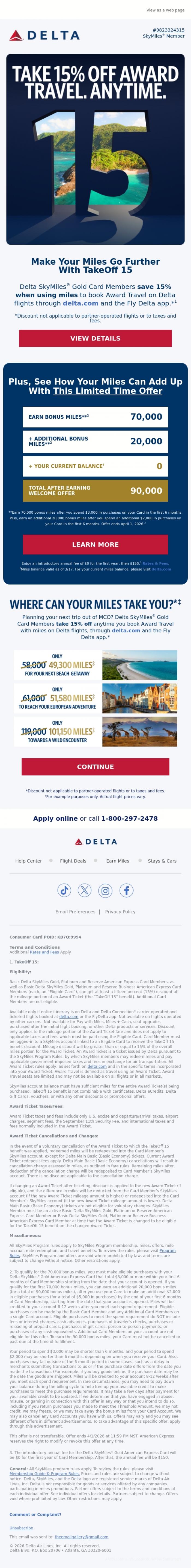 Email Design Inspiration from Delta Air Lines, Learn How You Can Save 15% When You Book Award Travel Using Miles