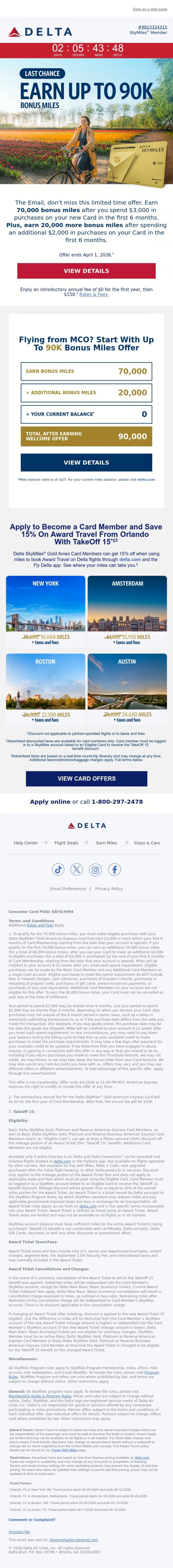 Email Design Inspiration from Delta Air Lines, Last Chance: Earn Up To 90K Bonus Miles