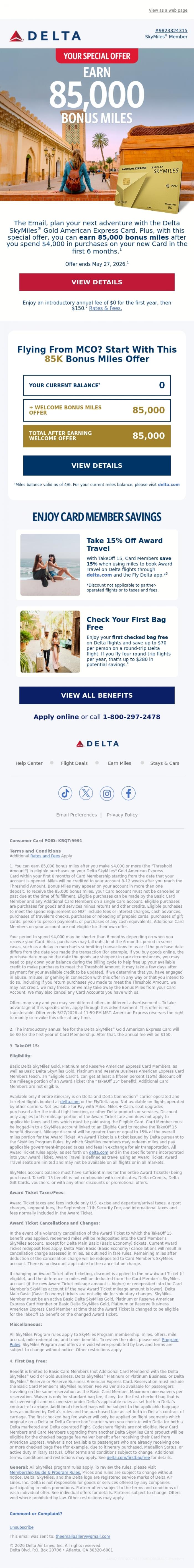 Email Design Inspiration from Delta Air Lines, Your Special Offer: Earn 85K Bonus Miles with the Delta SkyMiles&reg; Gold Amex Card