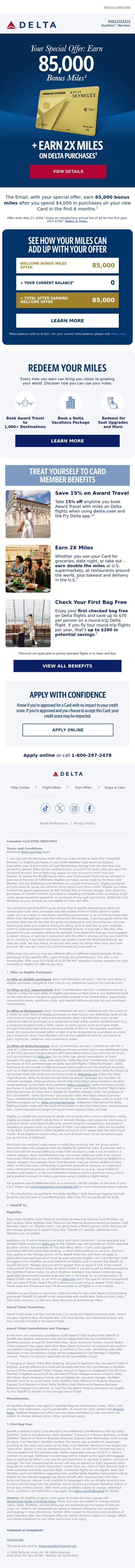 Email Design Inspiration from Delta Air Lines, The Email, Plan A Tropical Getaway With Your Special 85K Bonus Miles Offer