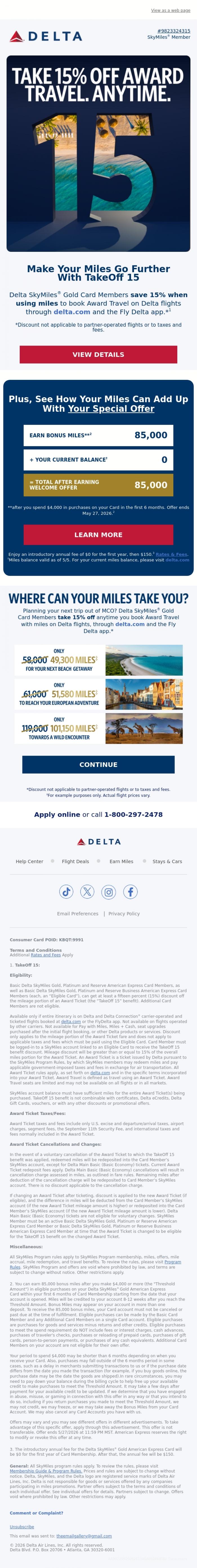 Email Design Inspiration from Delta Air Lines, A Smarter Way To Use Your Miles With TakeOff 15: Details Inside
