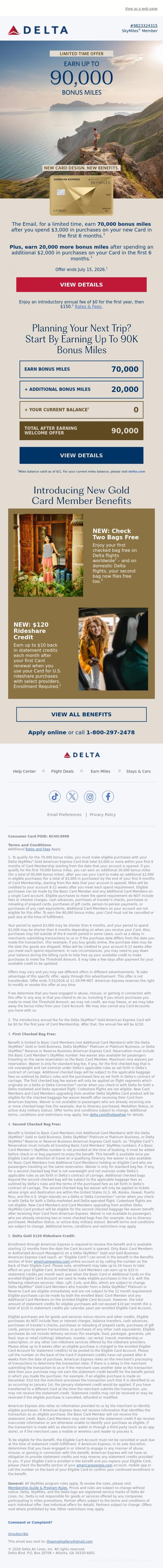 Email Design Inspiration from Delta Air Lines, Limited Time Offer Incoming: Earn Up To 90K Bonus Miles