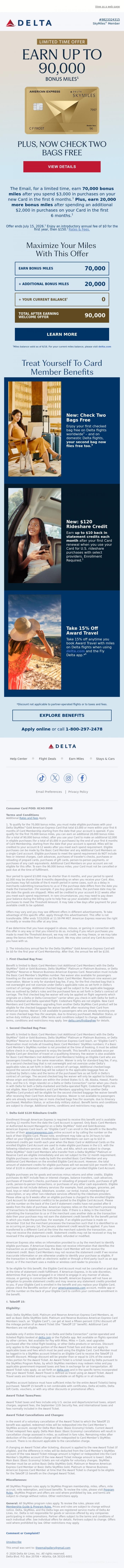 Email Design Inspiration from Delta Air Lines, Limited Time Offer: Earn Up To 90K Bonus Miles With The Delta SkyMiles&reg; Gold Amex Card