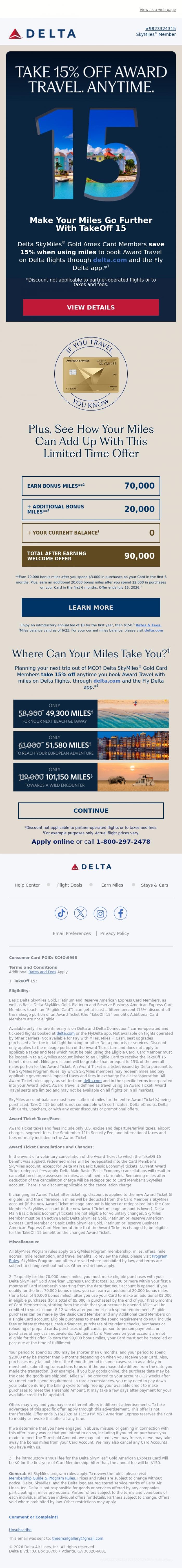 Email Design Inspiration from Delta Air Lines, The Email, Save 15% On Award Travel For Summer Plans. Details Inside