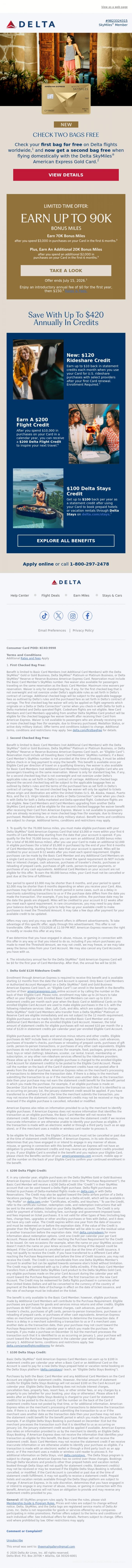 Email Design Inspiration from Delta Air Lines, New: Check Two Bags Free On Delta Flights With The Delta SkyMiles&reg; Gold Card