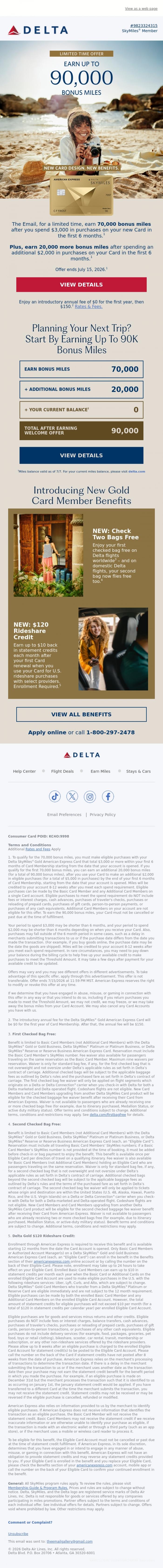 Email Design Inspiration from Delta Air Lines, Attention: Earn Up To 90K Bonus Miles With This Limited Time Offer