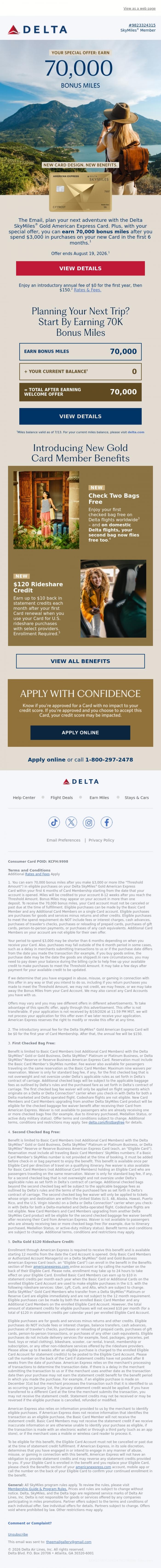 Email Design Inspiration from Delta Air Lines, The Email, Your Miles Could Hit 70,000 With This Offer