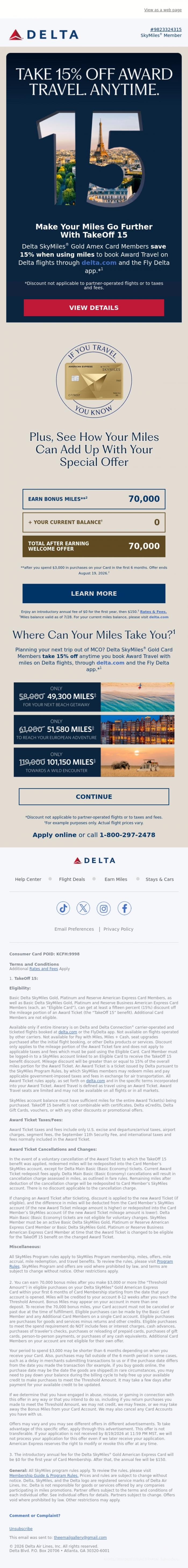 Email Design Inspiration from Delta Air Lines, The Email, Save 15% On Award Travel For Summer Plans. Details Inside