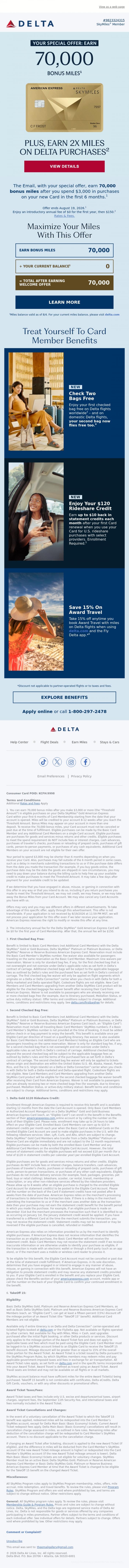 Email Design Inspiration from Delta Air Lines, The Email, Your 70K Bonus Miles Offer Is Waiting