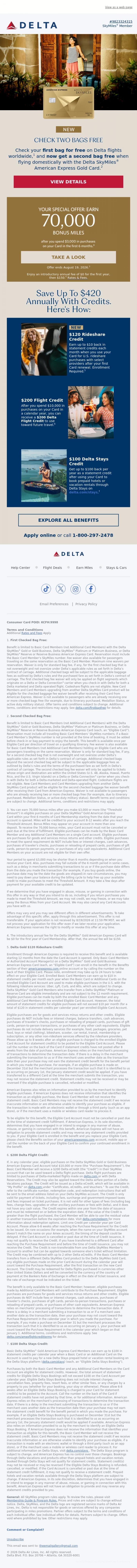 Email Design Inspiration from Delta Air Lines, First and Second Bag Fly Free for Basic Card Members: See Details Inside