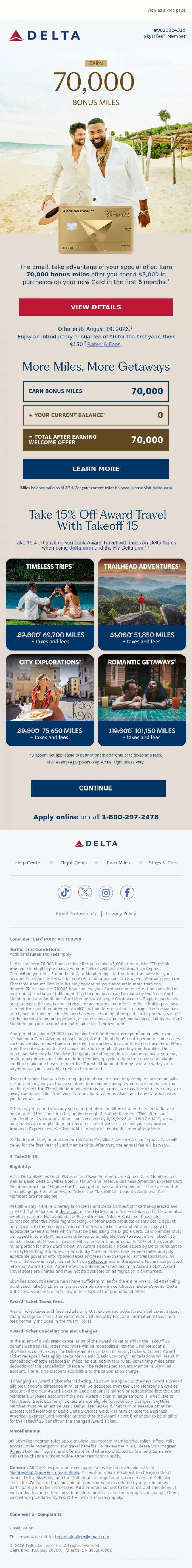Email Design Inspiration from Delta Air Lines, Fly Further: See How You Can Earn 70,000 Bonus Miles