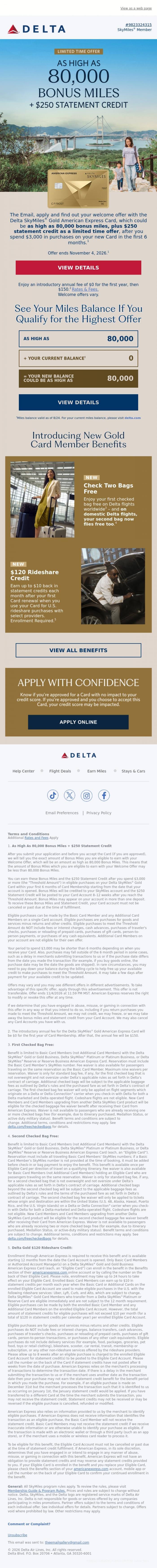 Email Design Inspiration from Delta Air Lines, The Email, Earn As High As 80,000 Bonus Miles and A $250 Statement Credit