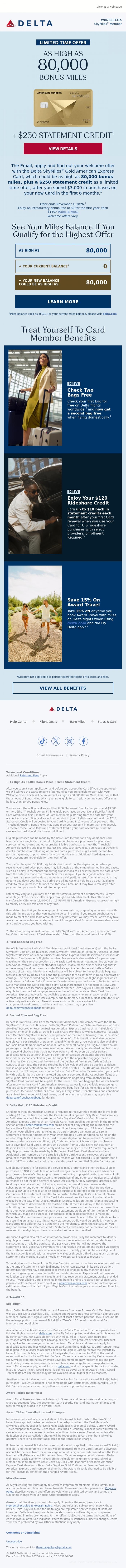 Email Design Inspiration from Delta Air Lines, For a Limited Time, Earn a $250 Statement Credit, Plus You Could Earn As High As 80K Bonus Miles​