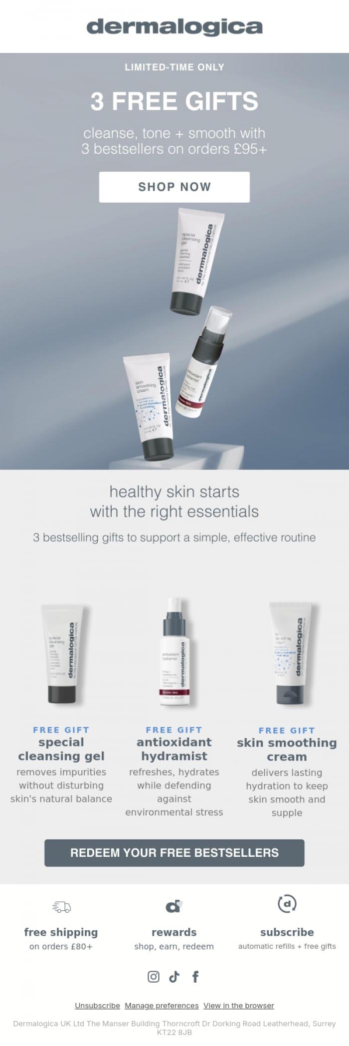 Email Design Inspiration from Dermalogica UK, 3 FREE GIFTS: Cleanse, Tone + Smooth