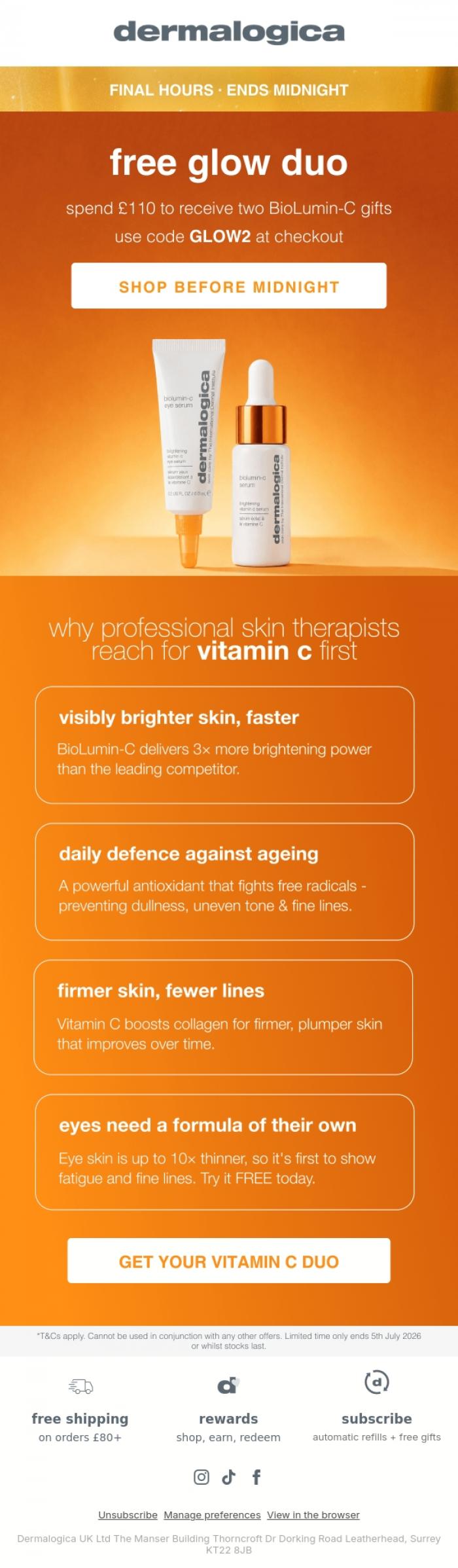 Email Design Inspiration from Dermalogica UK, FINAL HOURS: Free Glow Duo ✨