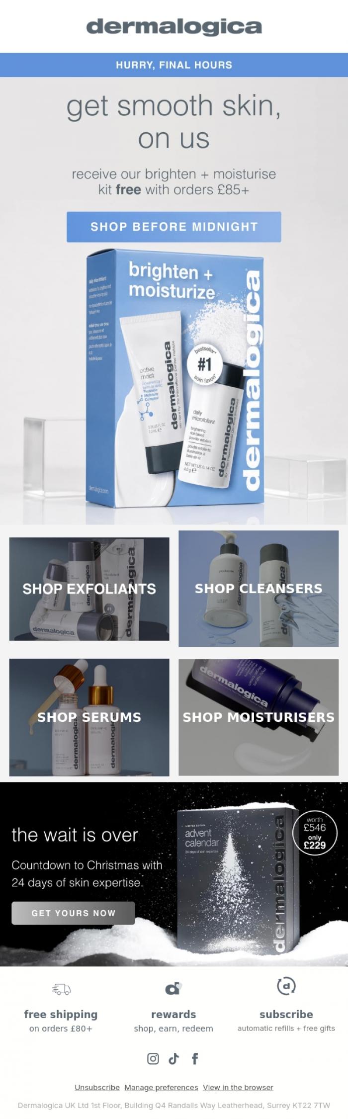 Email Design Inspiration from Dermalogica UK, Final Hours: FREE Brighten + Moisturise Kit