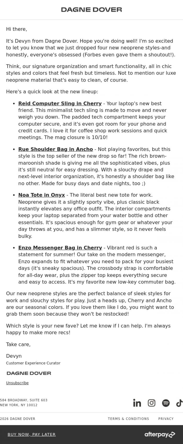 Email Design Inspiration from Devyn from Dagne Dover, 📣 We made you 4 new neoprene bags.