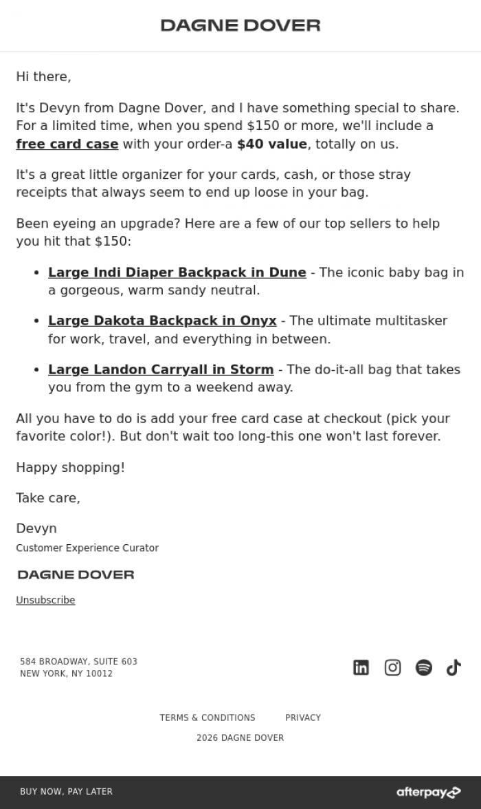 Email Design Inspiration from Devyn from Dagne Dover, Get a limited-time gift on us
