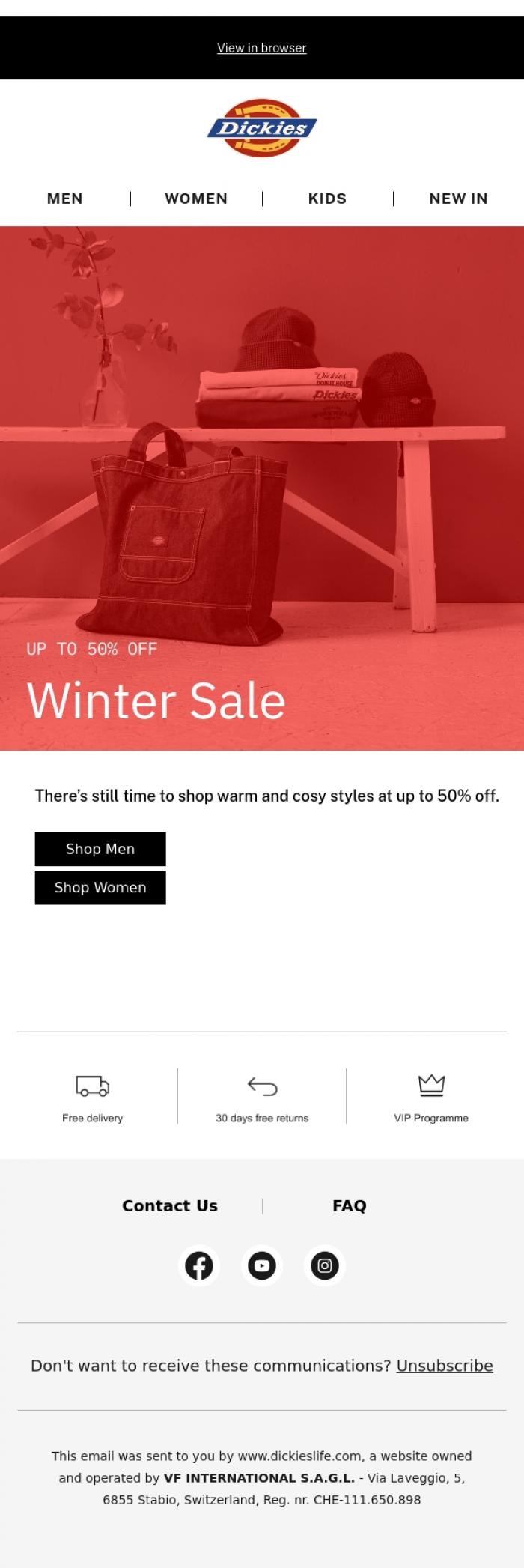 Email Design Inspiration from Dickies, Winter sale still on - up to 50% off! 💥