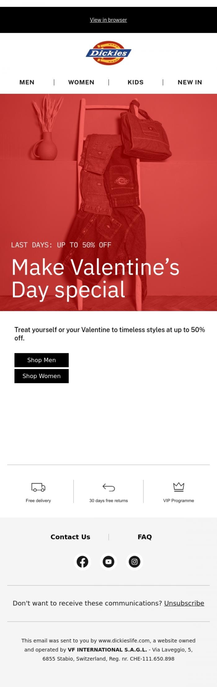 Email Design Inspiration from Dickies, Treat your Valentine - up to 50% off sale! ❤️