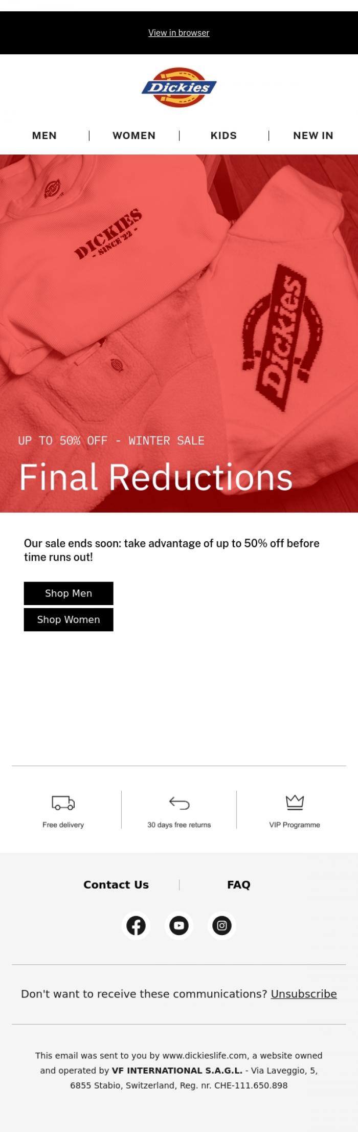 Email Design Inspiration from Dickies, Up to 50% off - last chance! 📣